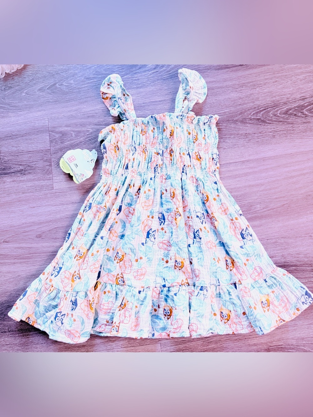 NWT Joe Fresh Bluey & Bingo Toddler Girls Crinkle Gauze Smocked Dress Ivory 4T